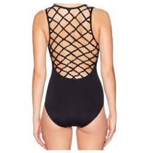 Jantzen One-piece Swimsuit Fishnet Lattice Cage Back Design Plunge V-neck Sz 12